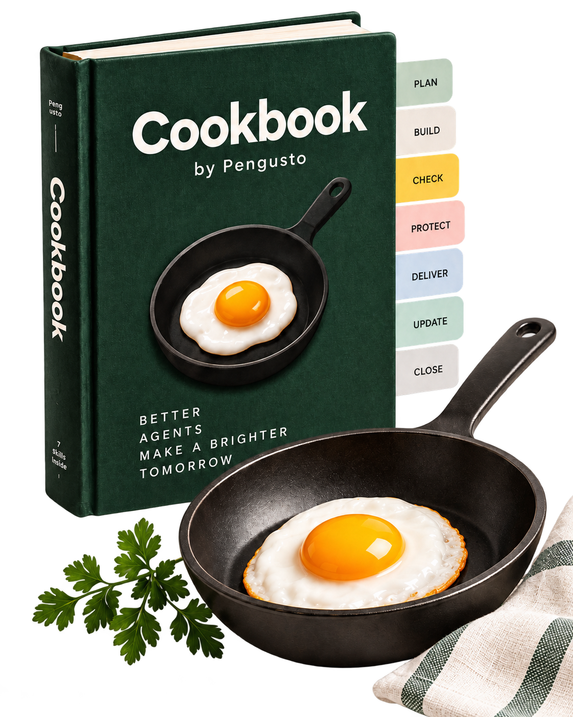 Grünes Cookbook mit Pfanne und Spiegelei – das Motiv der Skill-Sammlung.
