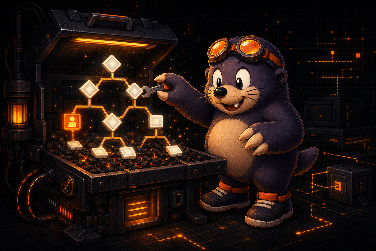 Molebyte adjusts a glowing decision-tree branch at an ember-lit builder workbench.